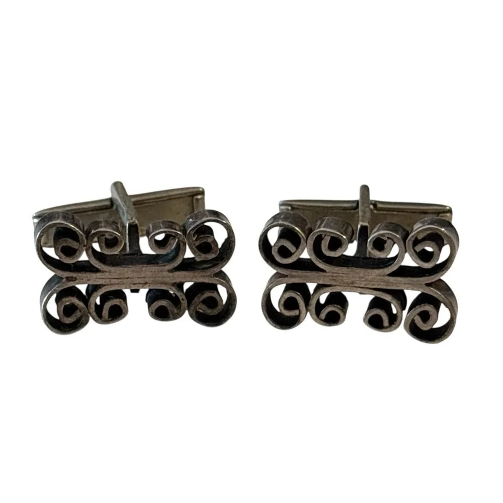 VTG Taxco‎ Mexico Cufflinks Sterling Silver 925 Unique Open Scroll Loop Design